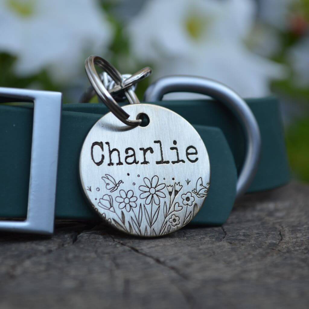 Dog ID Tag Collar with Flower Design and Silver Color
