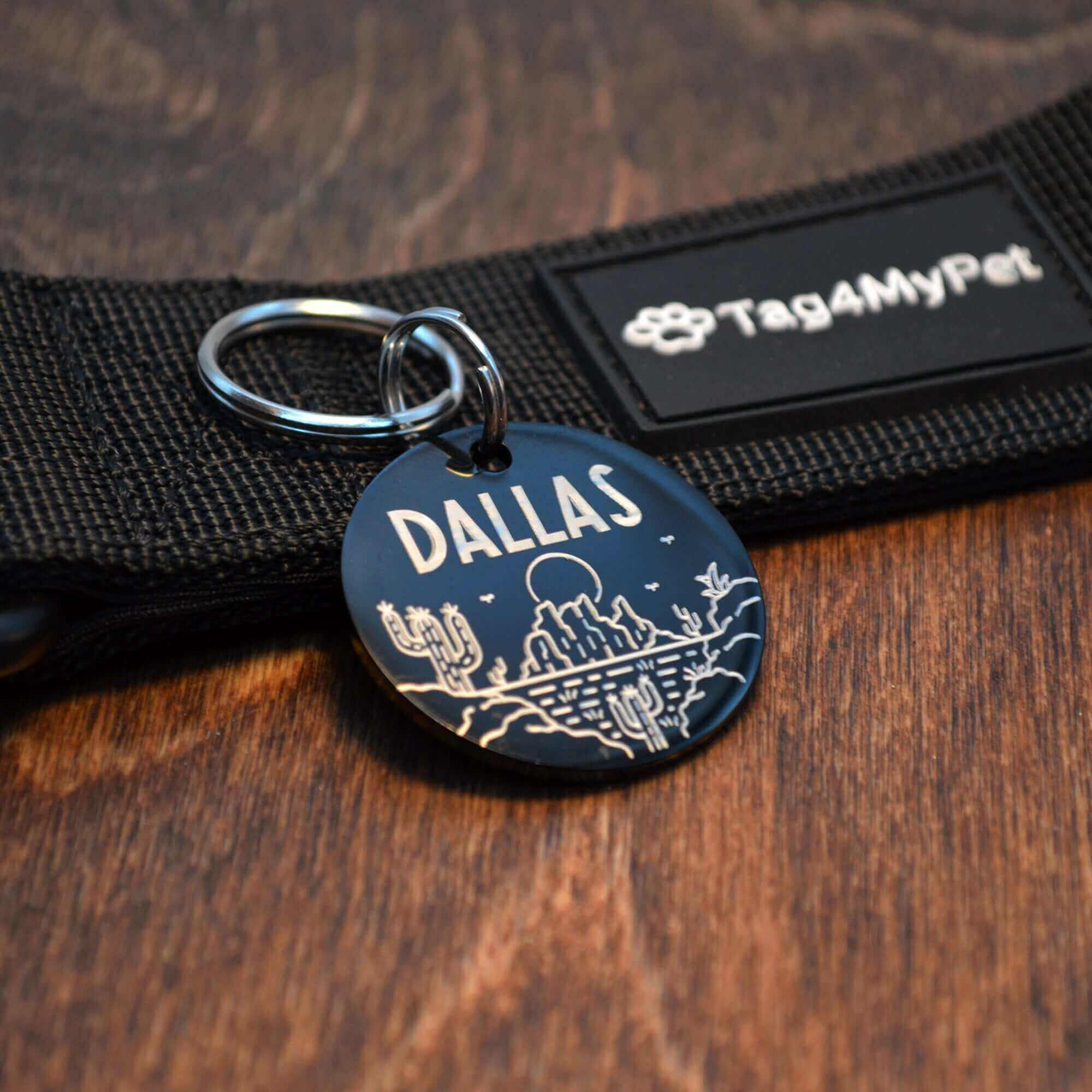 circular pet ID tag black color with desert design