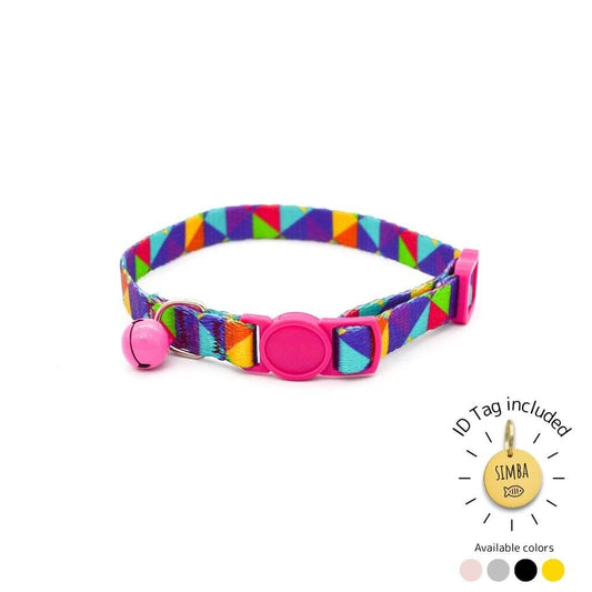 Colorful geometric-pattern cat collar with pink bell and buckle, includes personalized ID tag in multiple color options.