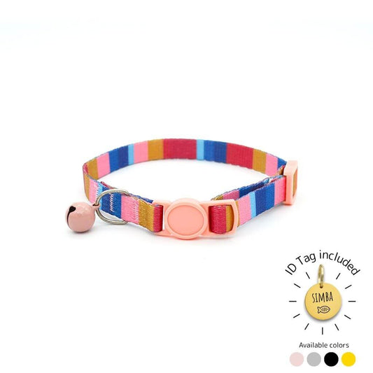 Striped pastel cat collar with pink buckle and bell, includes engraved ID tag.