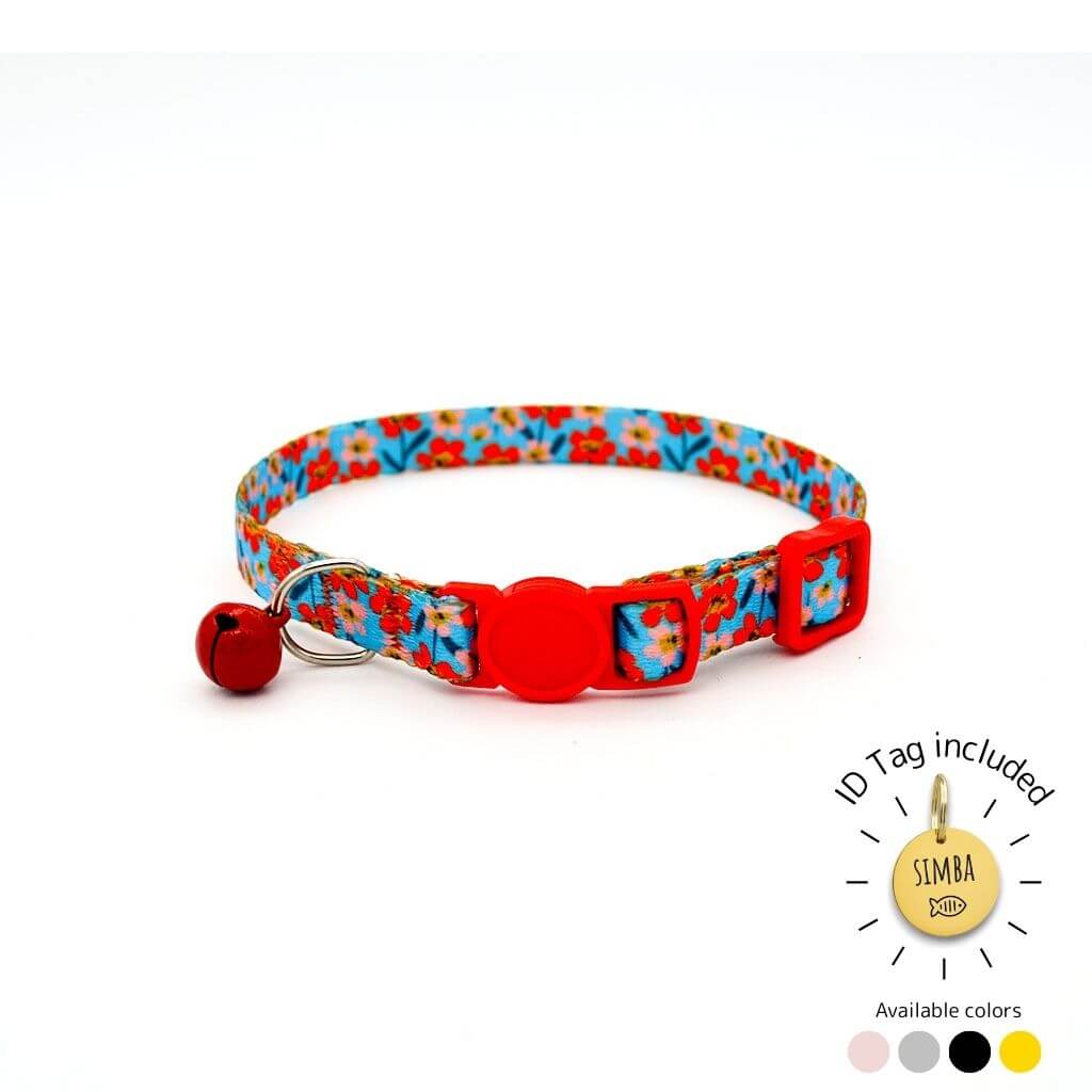 Colorful floral cat collar with red buckle and bell, includes customizable ID tag.
