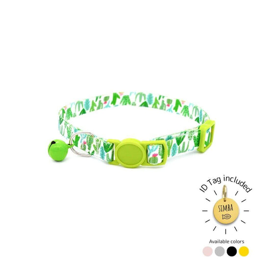 Colorful floral cat collar with green buckle and bell, includes customizable ID tag.