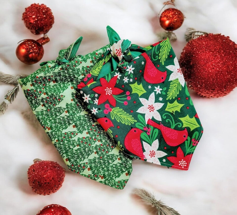 Our Christmas Dog Bandana Pattern on a festive display with Christmas ornaments