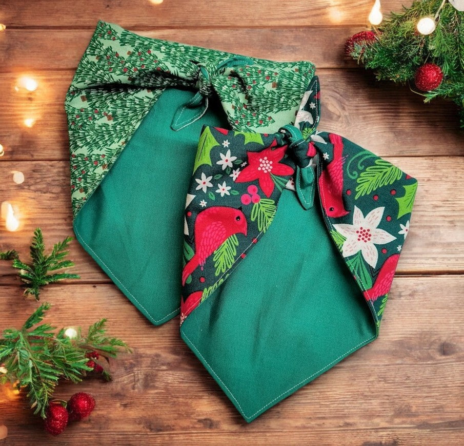 Christmas Dog Bandanas on a table with festive decorations