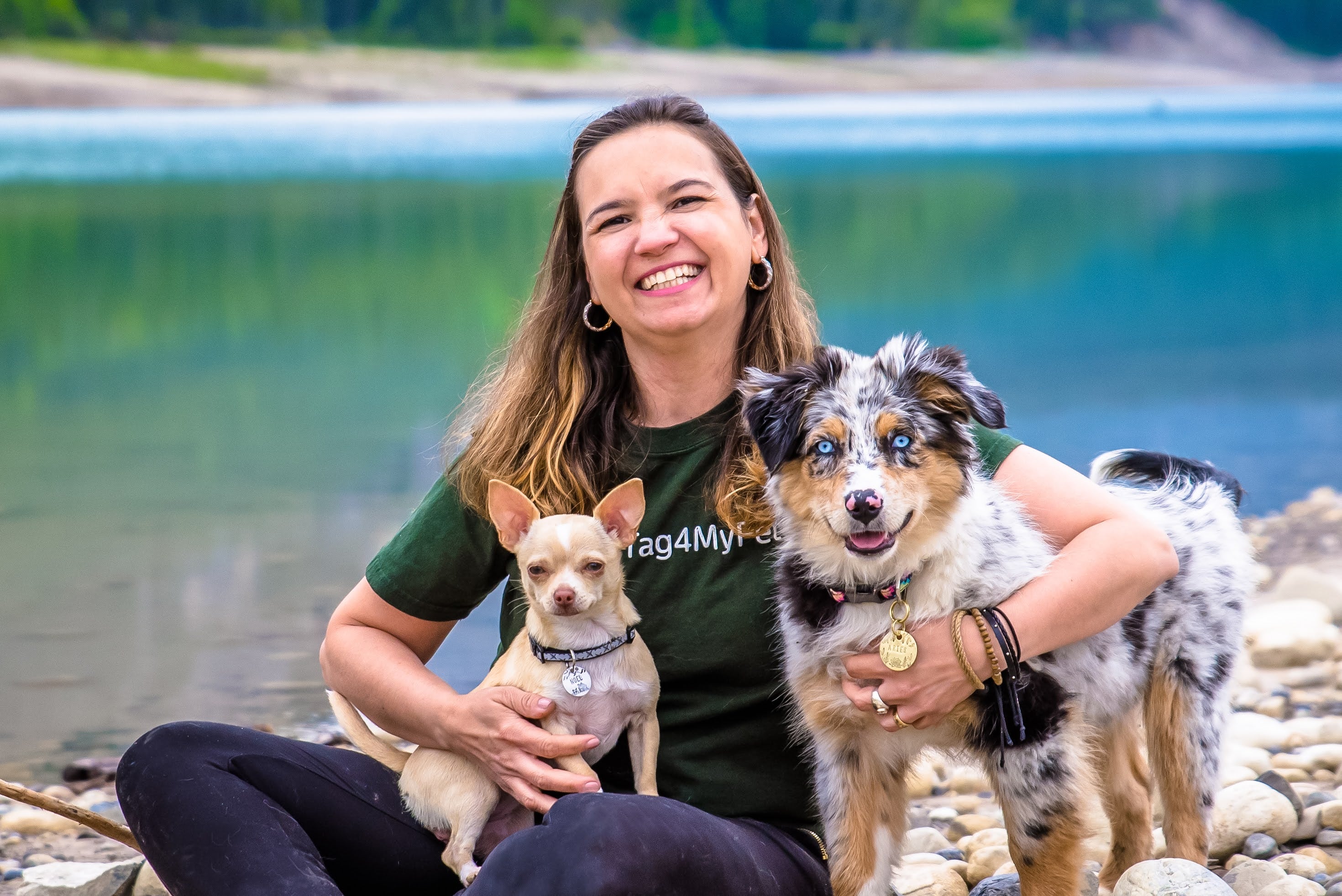 Pet parent with dogs in the outdoors