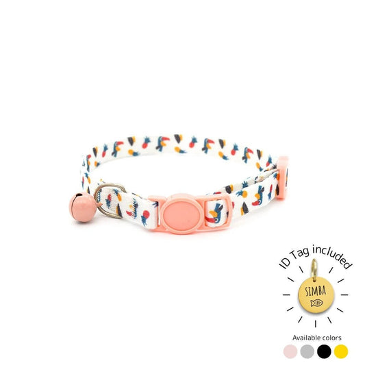Nature-themed cat collar light pink buckle, and bell, includes personalized ID tag.