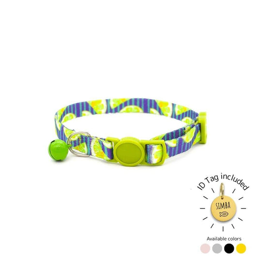 Nature-themed cat collar green buckle, and bell, includes personalized ID tag.