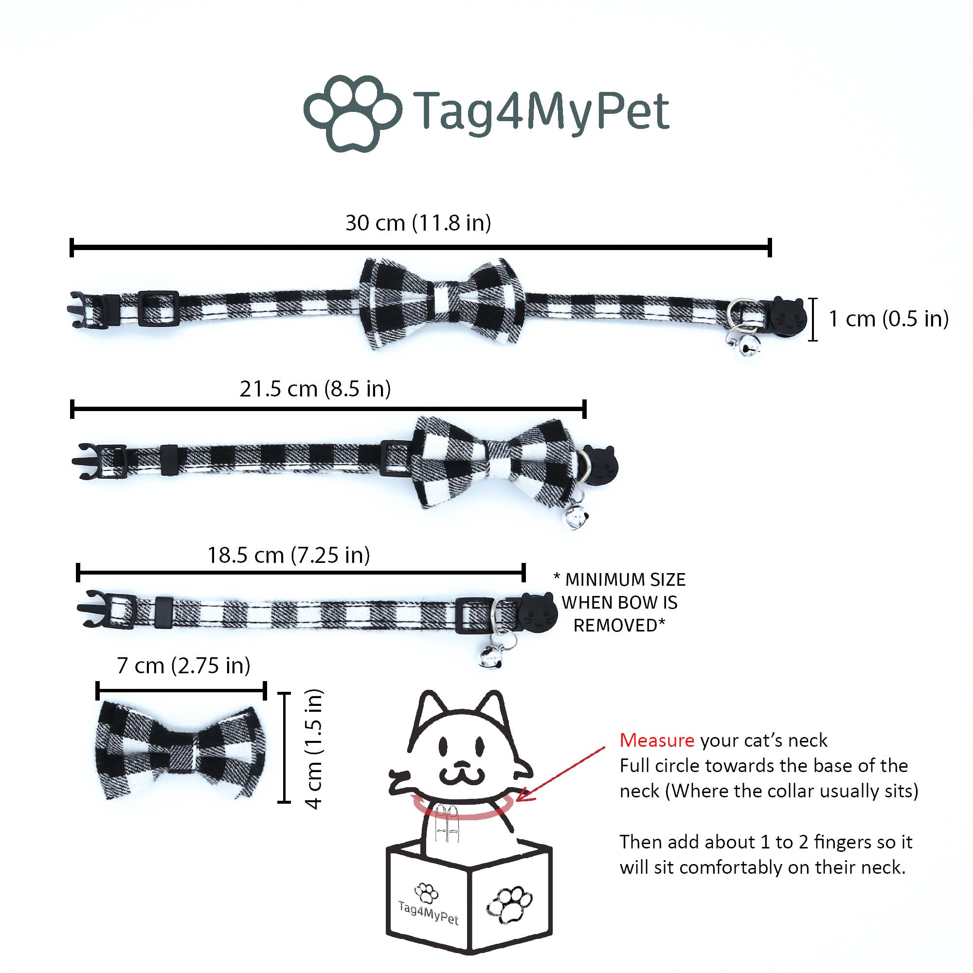 A guide to fitting your cat in a Tag4MyPet Bowtie Cat Collar. Measure your cat around the neck where its collar should sit, and add a little bit extra to ensure a comfortable fit