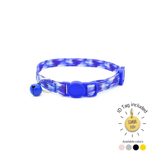 Blue cat collar with matching buckle and bell, comes with engraved ID tag.
