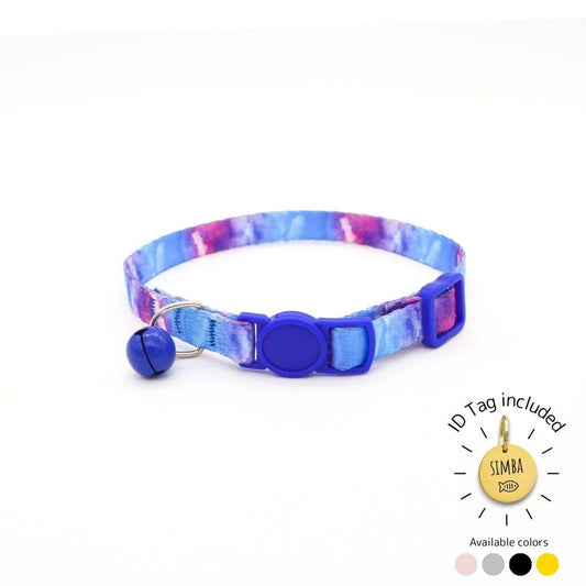 Dark blue cat collar with matching buckle and bell, comes with engraved ID tag.