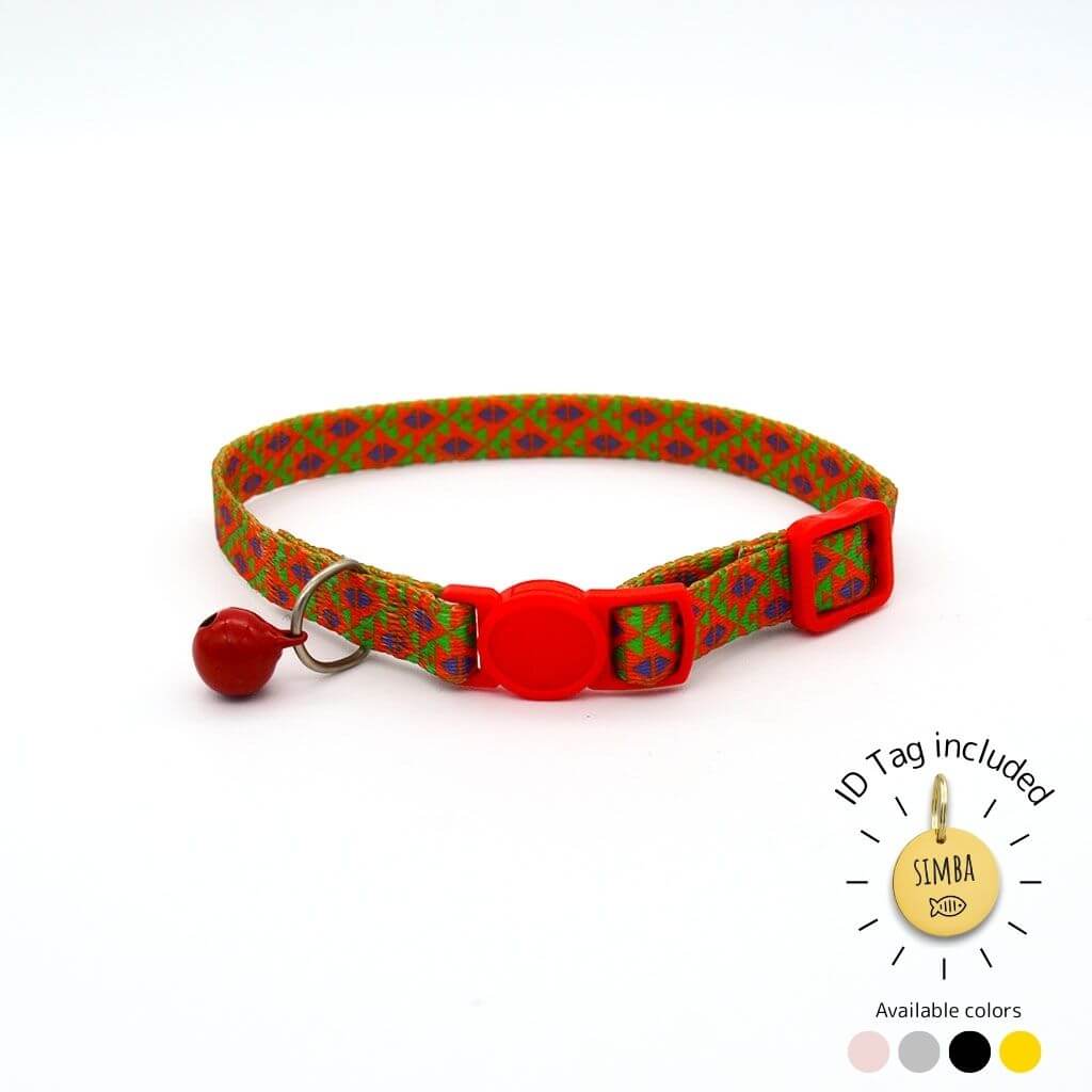 Colorful tribal-pattern cat collar with red buckle and bell, includes custom ID tag.