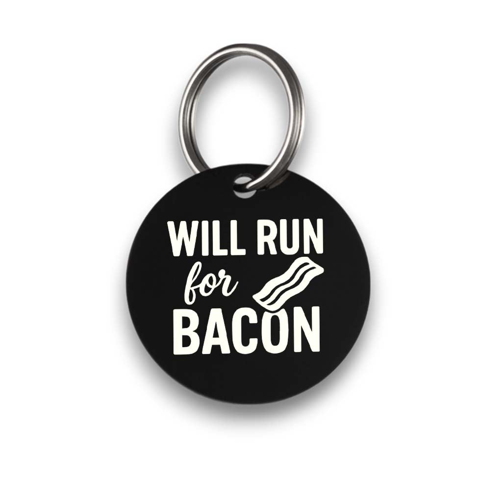 Funny black pet ID tag for dogs and cats with the engraved text 'Will Run For Bacon'- Tag4MyPet