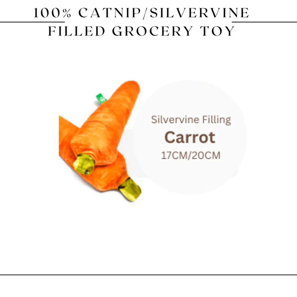 Silvervine Carrot Cuddle Toy 17CM AND 20CM – Eco-friendly carrot-shaped toy filled with 100% silvervine for cats’ healthy play and dental care.