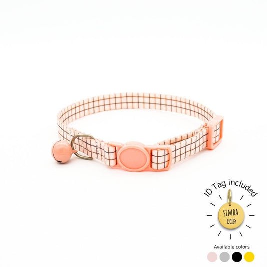 Striped pastel cat collar with light pink buckle and bell, includes engraved ID tag.