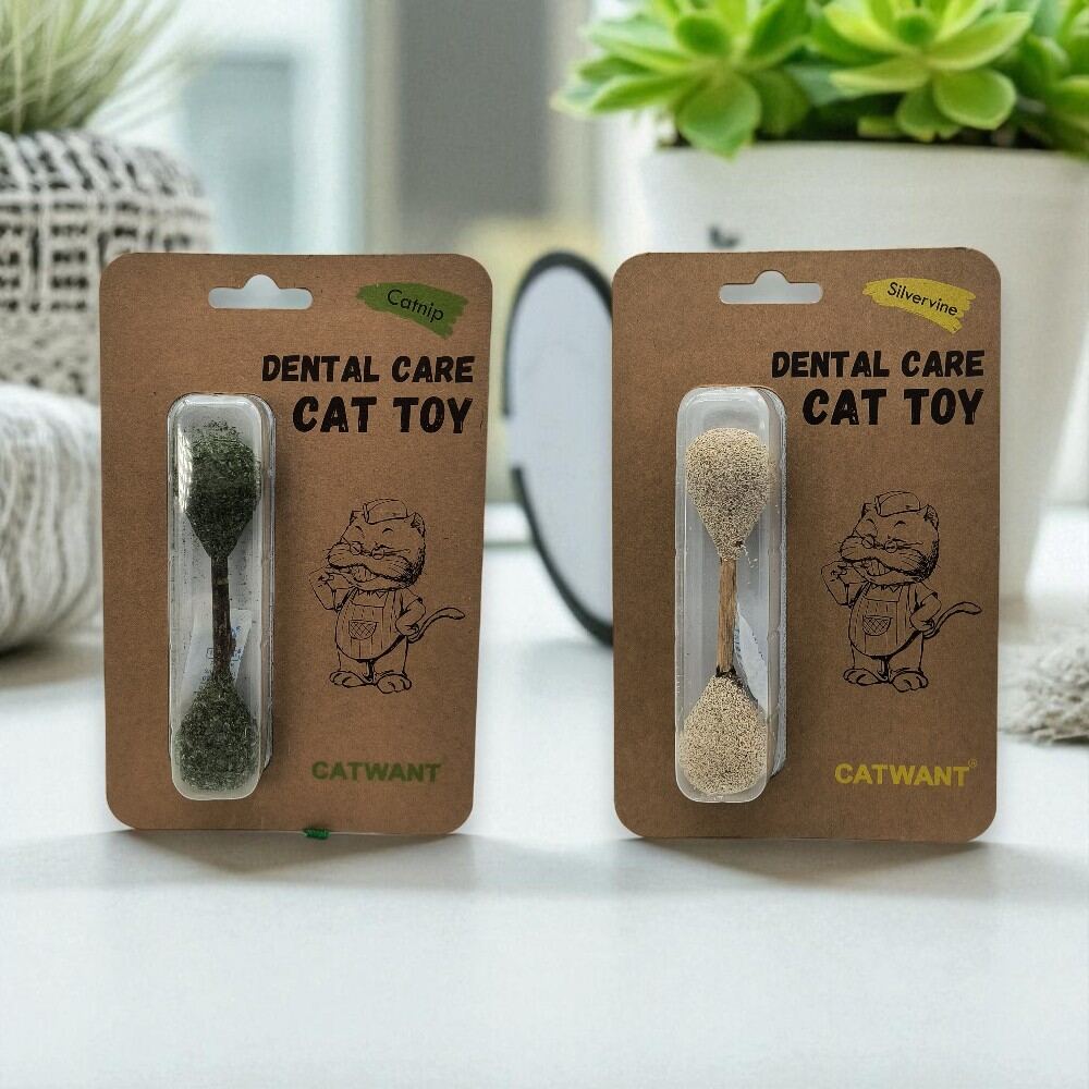 Two cat toy products, dental buds made of catnip and silvervine, on a marble countertop.