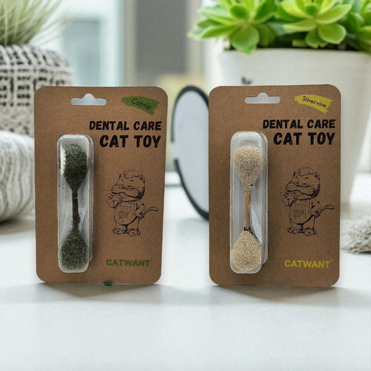 Two cat toy products, dental buds made of catnip and silvervine, on a marble countertop.