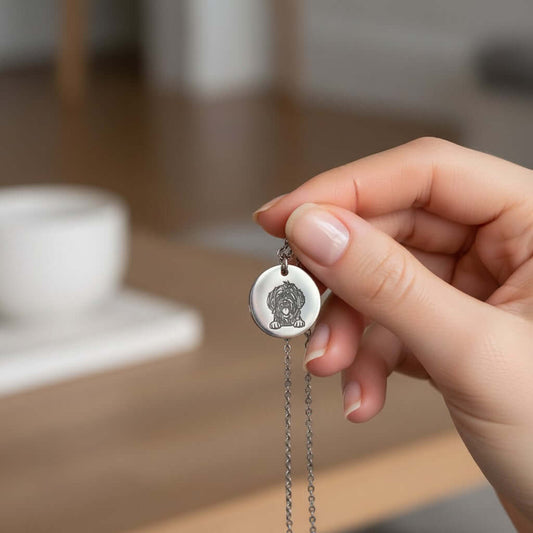 A close-up of a hand holding a small round silver pendant necklace with an engraved design, set against a softly blurred indoor background.