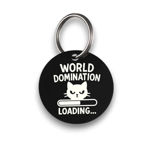 Funny black pet ID tag for dogs and cats with the engraved text 'World Domination' - Tag4MyPet