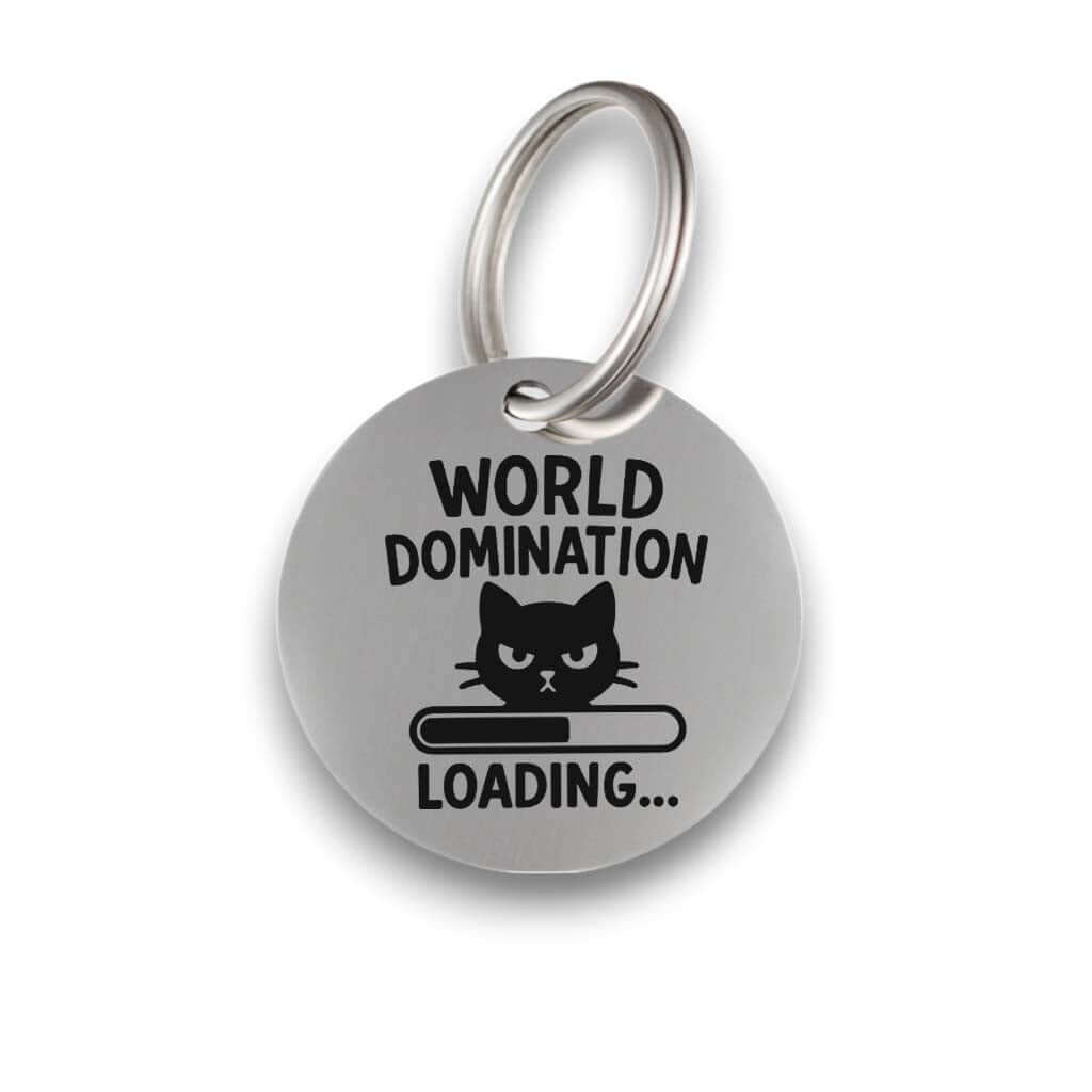 Funny silver pet ID tag for dogs and cats with the engraved text 'World Domination' - Tag4MyPet