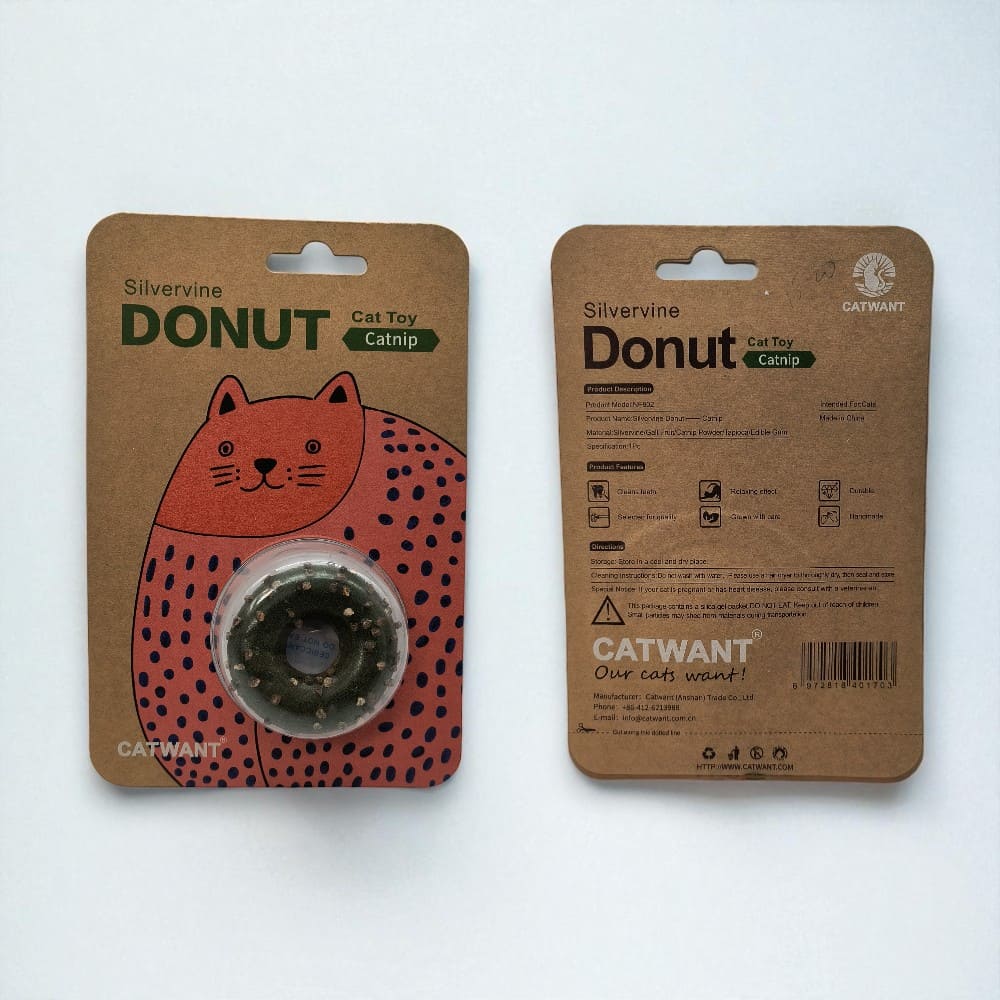 Front and back packaging of the Catwant Silvervine Donut cat toy in catnip flavor.