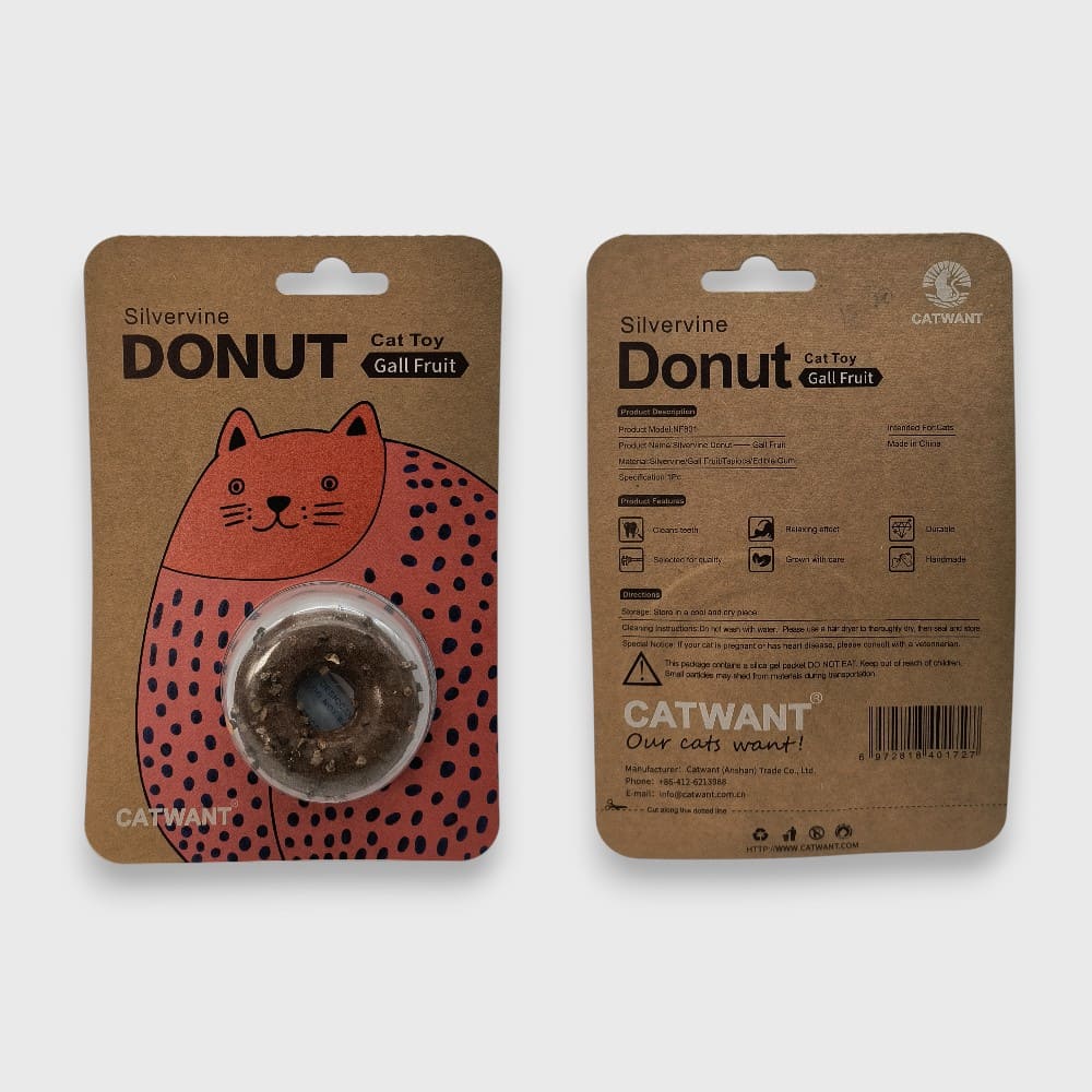 Front and back packaging of the Catwant Silvervine Donut cat toy in silvervine flavor.