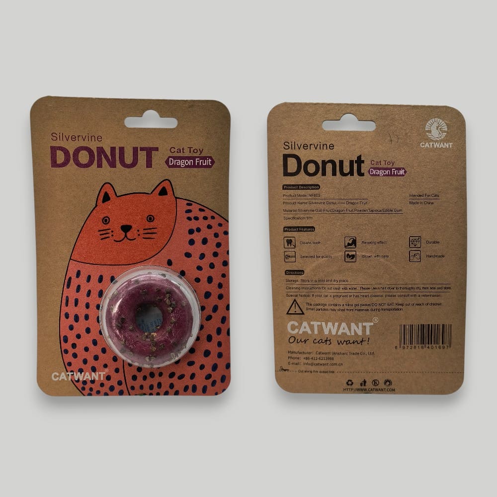 Front and back packaging of the Catwant Silvervine Donut cat toy in pitaya flavor.