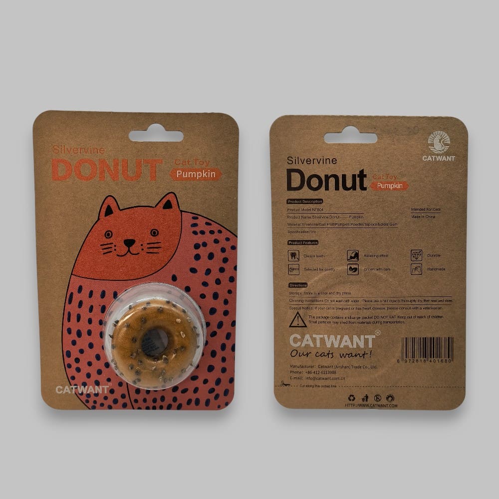 Front and back packaging of the Catwant Silvervine Donut cat toy in pumpkin flavor.