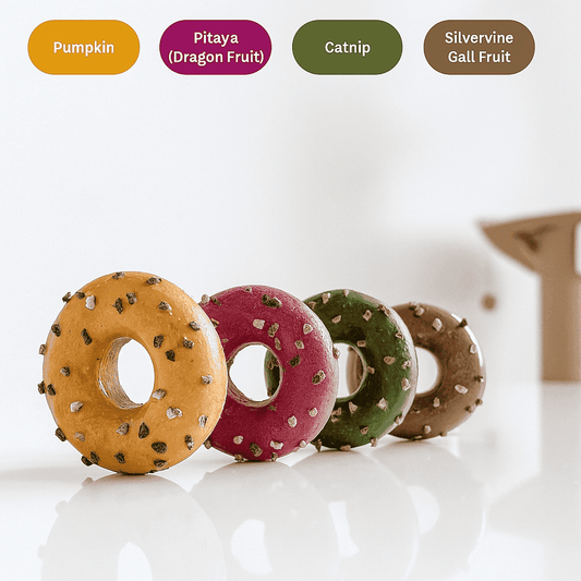 Four donut-shaped cat toys in pumpkin, pitaya, catnip, and silvervine gall fruit flavors lined up on a white surface.