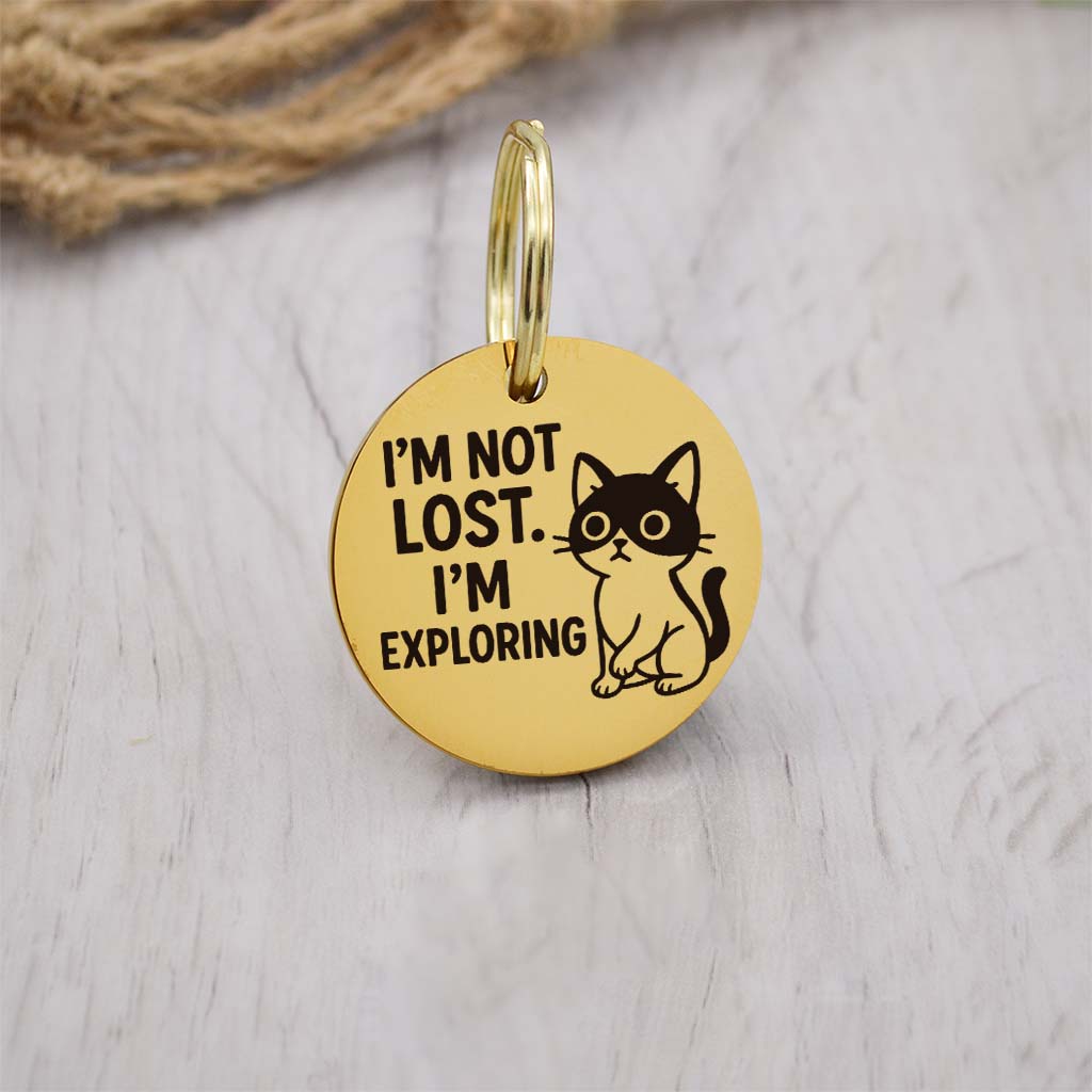 Funny gold pet ID tag with 'I'm Not Lost.I'm Exploring' engraved — personalized dog or cat tag for pet safety and identification.