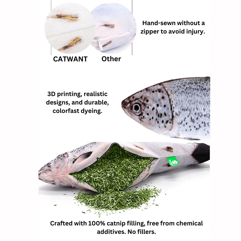 Catnip Salmon Cuddle Toy – Realistic fish-shaped cat toy filled with 100% natural catnip for active, healthy, and happy cats.