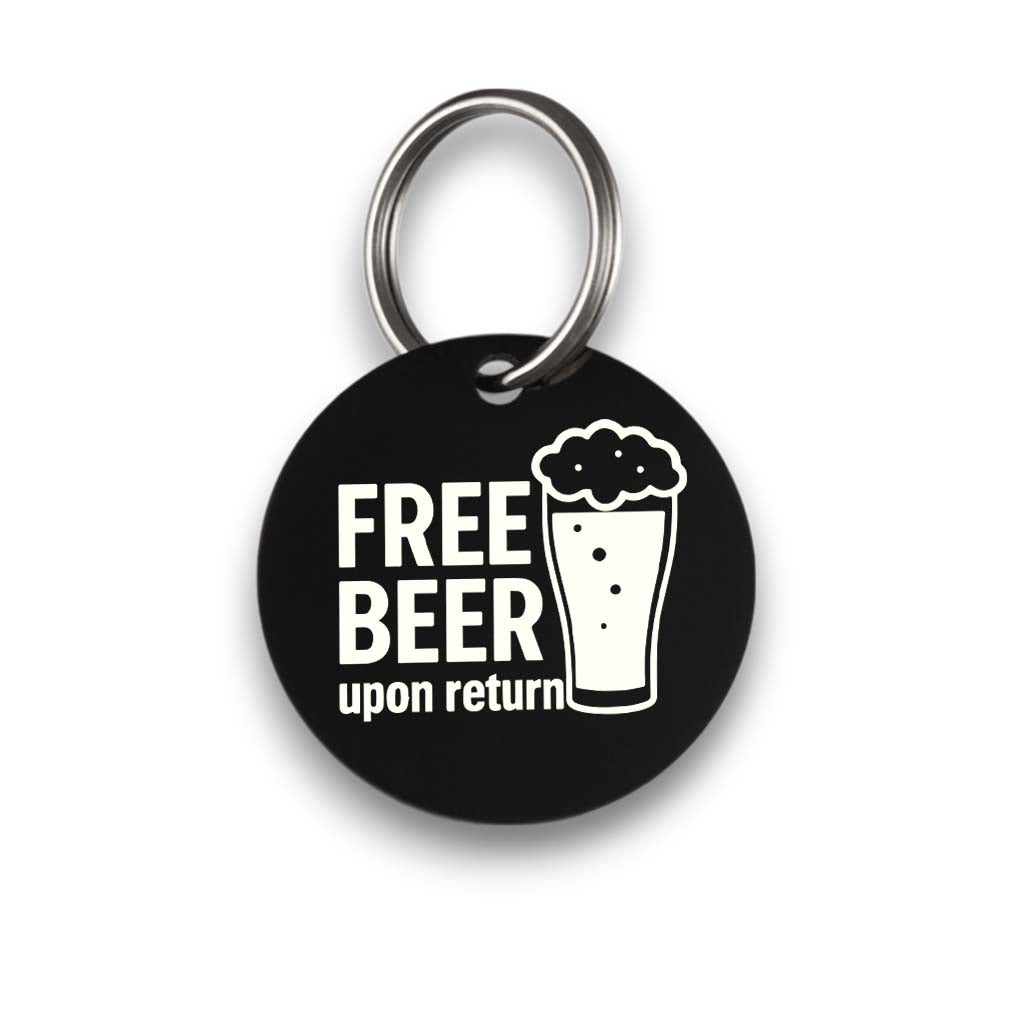 Funny black pet ID tag for dogs and cats with the engraved text 'Free Beer upon return' - Tag4MyPet