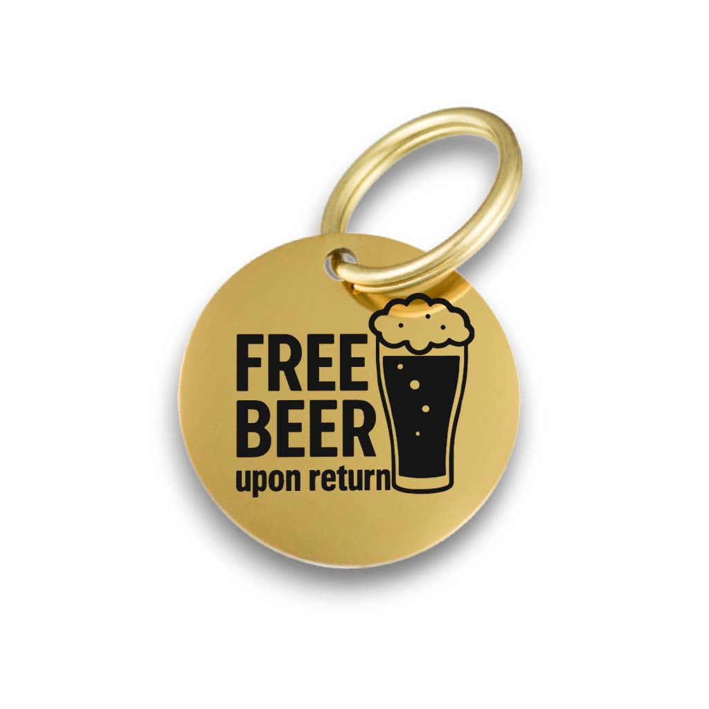 Funny gold pet ID tag for dogs and cats with the engraved text 'Free Beer upon return' - Tag4MyPet
