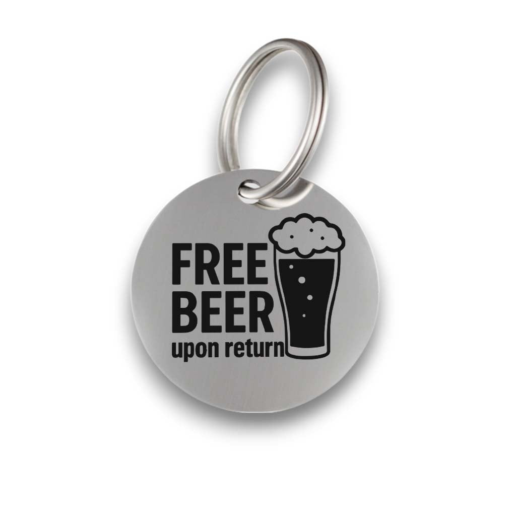Funny silver pet ID tag for dogs and cats with the engraved text 'Free Beer upon return' - Tag4MyPet
