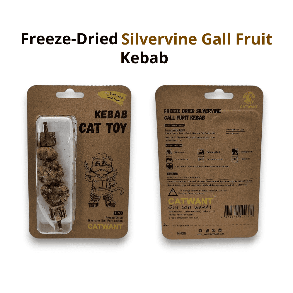 Cat toy in packaging on a white background, front and back, kebab made of silvervine.