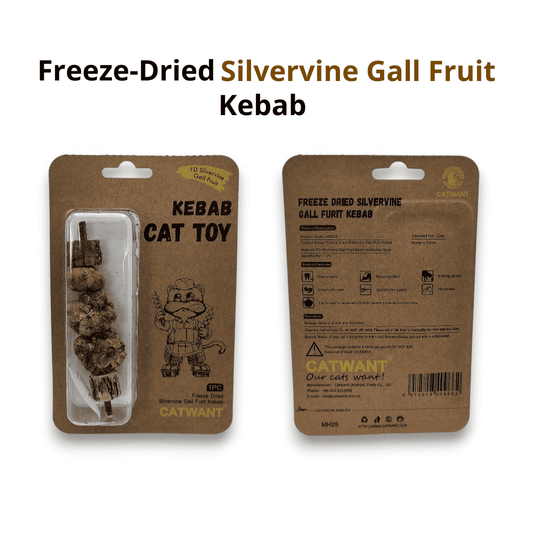 Cat toy in packaging on a white background, front and back, kebab made of silvervine.