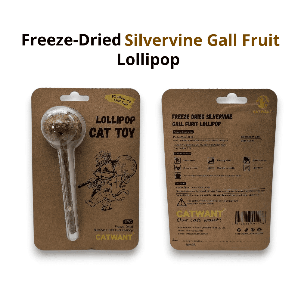 Cat toy in packaging on a white background, front and back, lollipop made of silvervine.