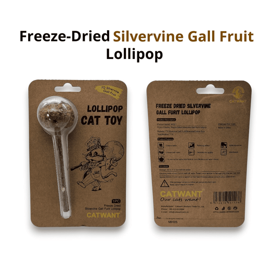 Cat toy in packaging on a white background, front and back, lollipop made of silvervine.