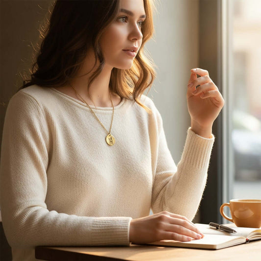 A woman in a cream ribbed knit sweater wearing a gold pendant necklace sits at a table by a window, with a notebook and a coffee cup nearby.