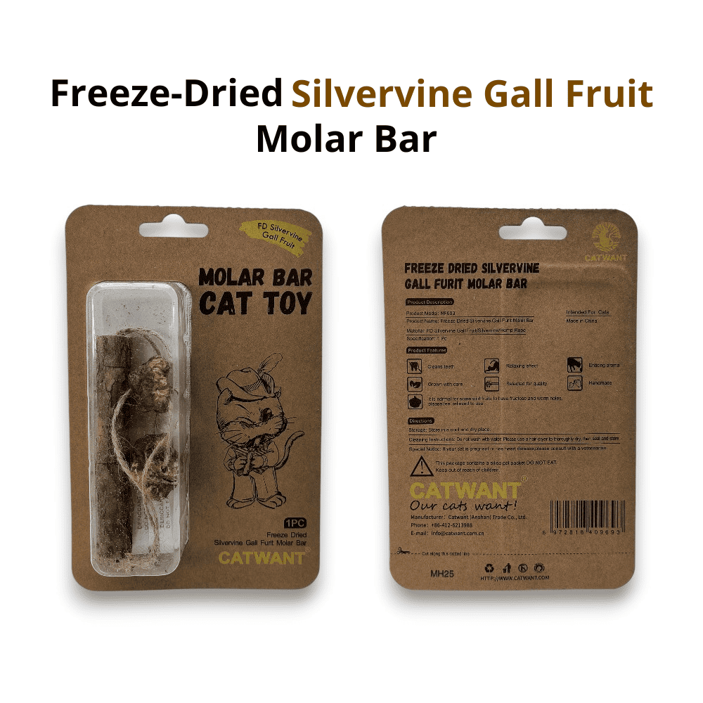 Cat toy in packaging on a white background, front and back, molar 
bar made of silvervine.