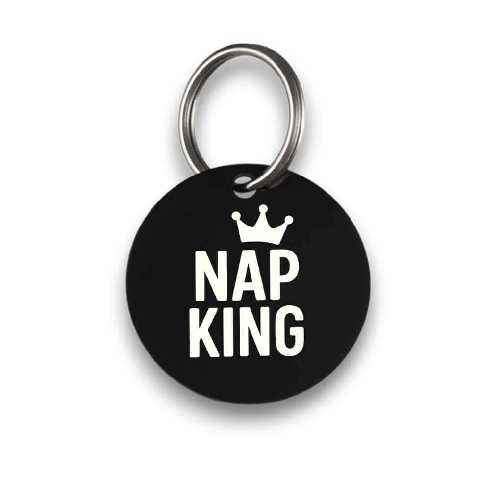 Funny black pet ID tag for dogs and cats with the engraved text 'Nap King' - Tag4MyPet