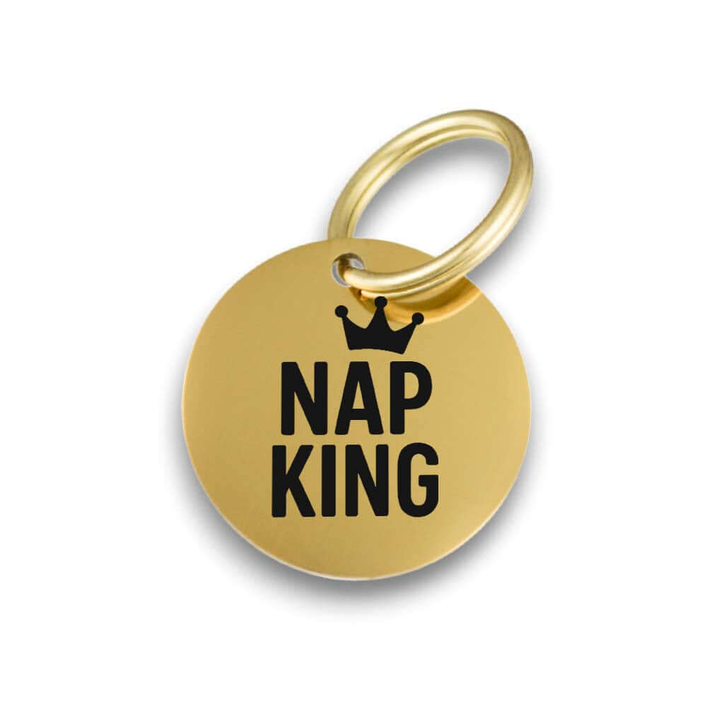 Funny gold pet ID tag for dogs and cats with the engraved text 'Nap King' - Tag4MyPet