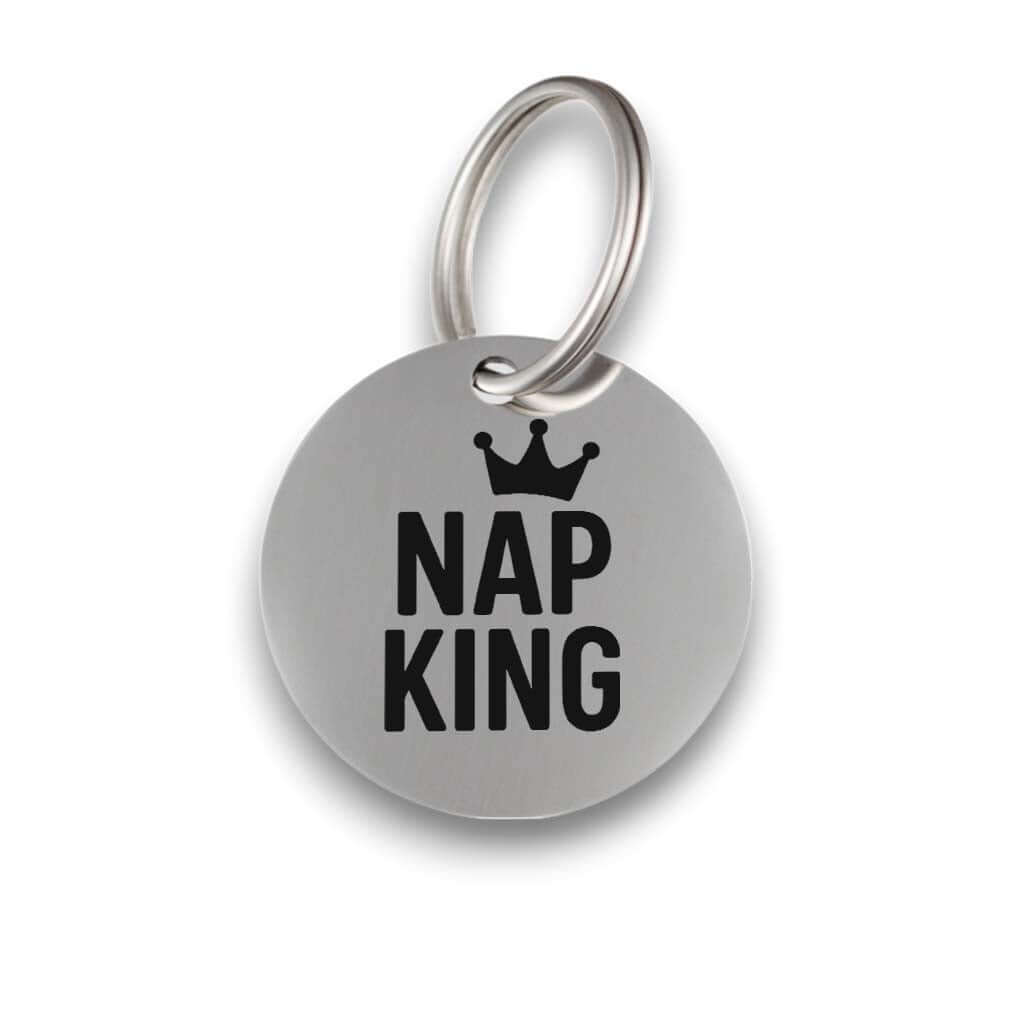 Funny silver pet ID tag for dogs and cats with the engraved text 'Nap King' - Tag4MyPet