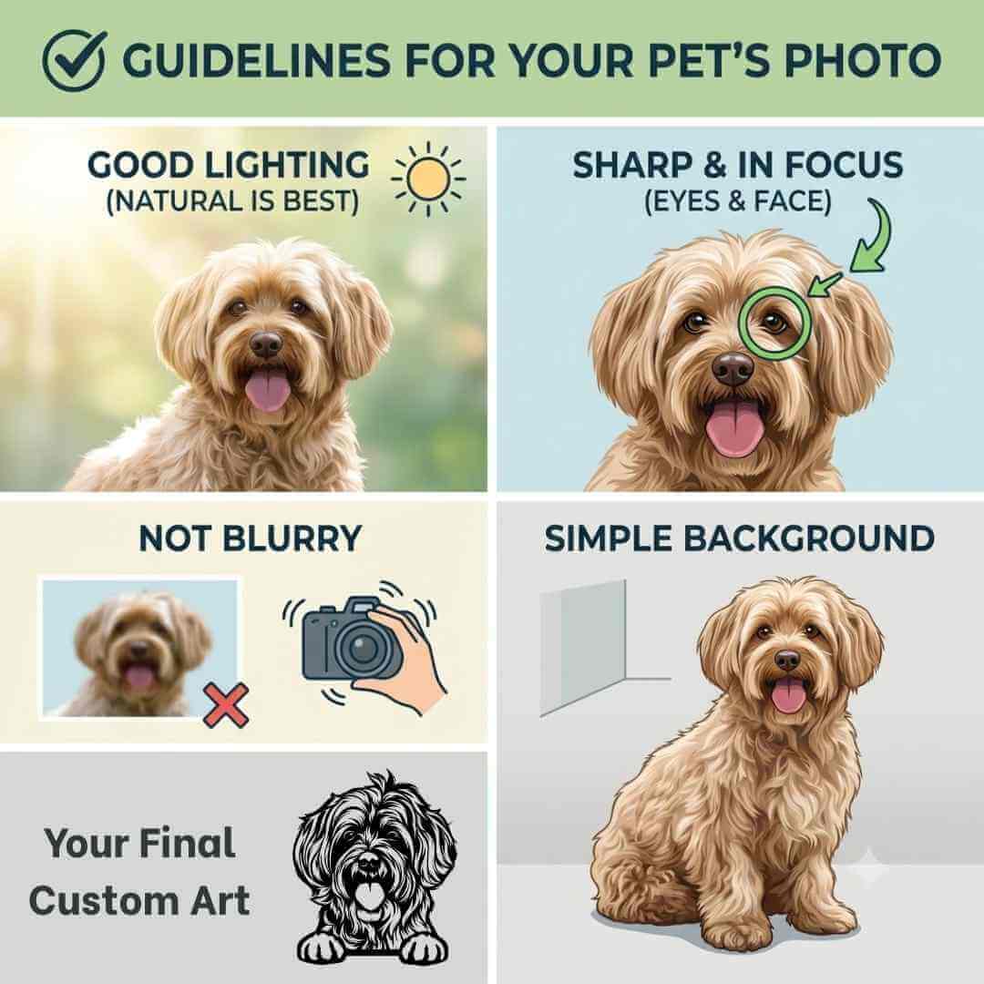 A four-panel pet photo guide with text reading 'GUIDELINES FOR YOUR PET'S PHOTO' and callouts for good lighting, sharp focus on eyes and face, not blurry, and a simple background. The panels include a real dog photo, an illustrated dog portrait, a comparison with a blurred phone photo, and a final custom art dog illustration.