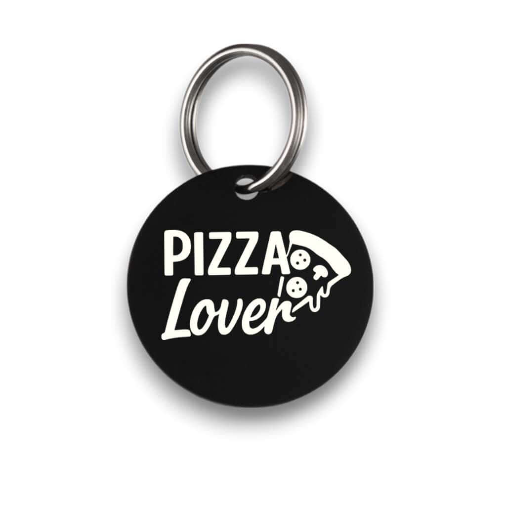 Funny black pet ID tag for dogs and cats with the engraved text 'Pizza Lover' - Tag4MyPet