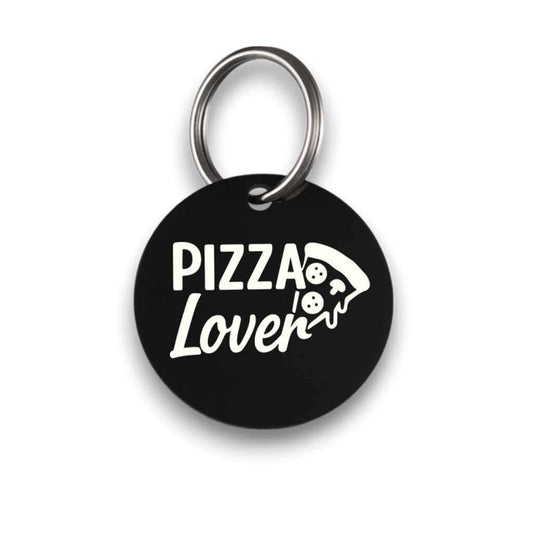 Funny black pet ID tag for dogs and cats with the engraved text 'Pizza Lover' - Tag4MyPet
