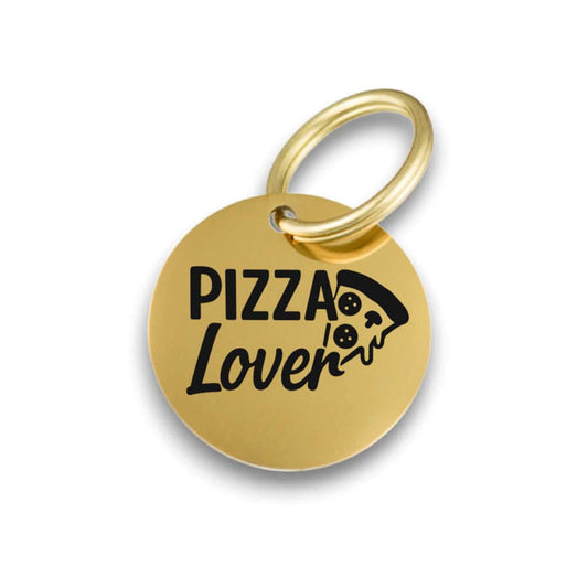 Funny gold pet ID tag for dogs and cats with the engraved text 'Pizza Lover' - Tag4MyPet