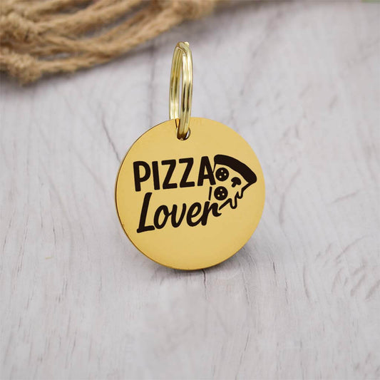 Funny gold pet ID tag with 'Pizza Lover' engraved — personalized dog or cat tag for pet safety and identification.