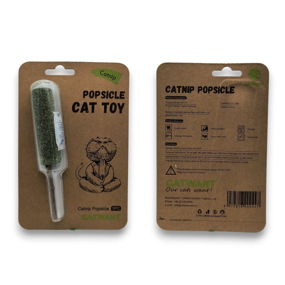 Toy popsicle for cats, made of catnip, in packaging with a white background.