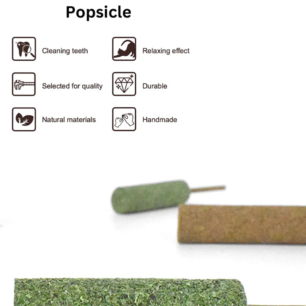 Features of the cat toy popsicle: cleans teeth, handmade, relaxing effect, made with natural materials and durable.