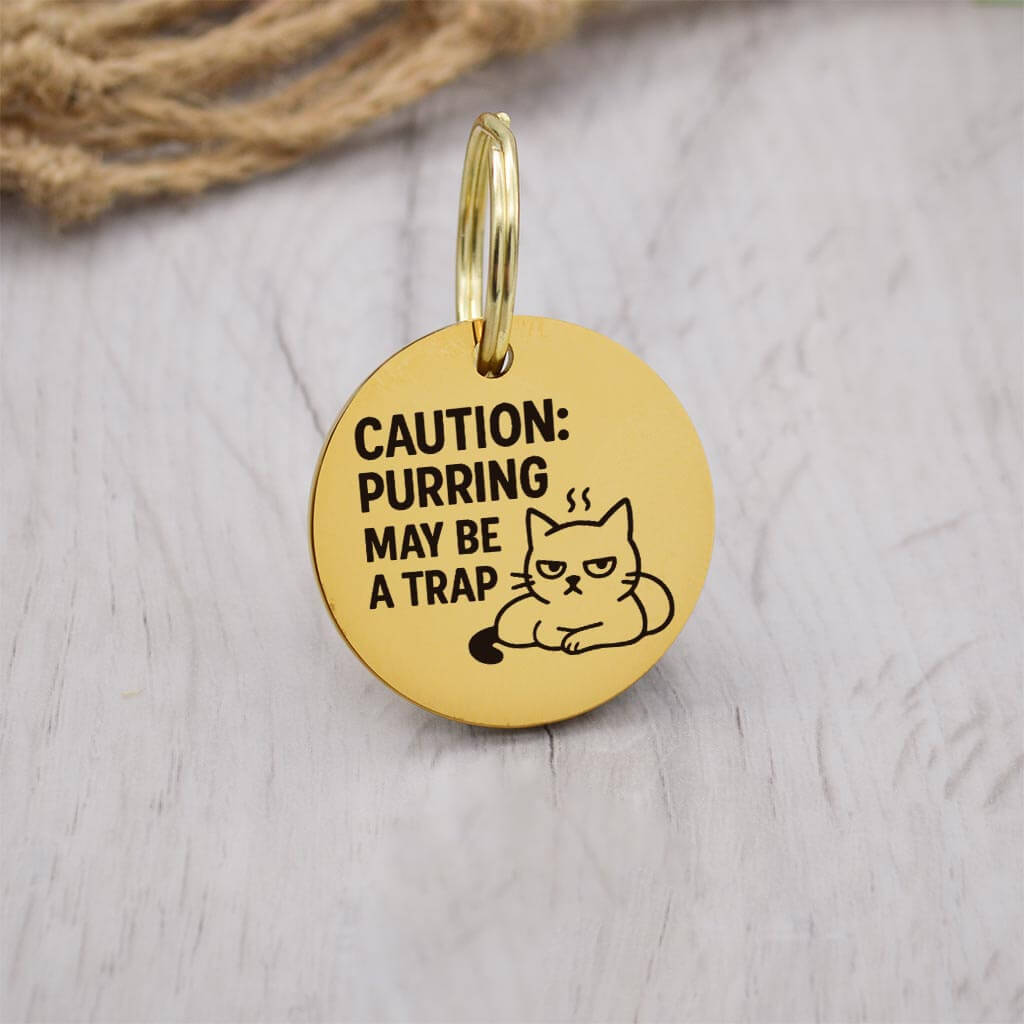 Funny gold pet ID tag with 'Caution:purring may be a trap' engraved — personalized dog or cat tag for pet safety and identification.